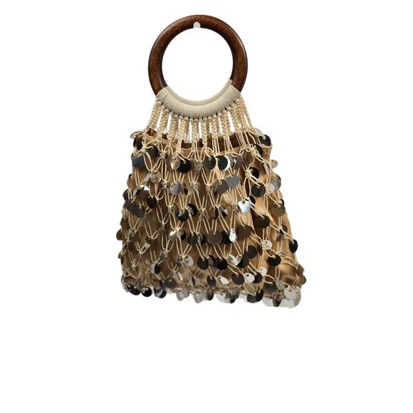Cream & Gold Macrame & Wood Hoop Top Handle Tote/Purse - Picture 1 of 13